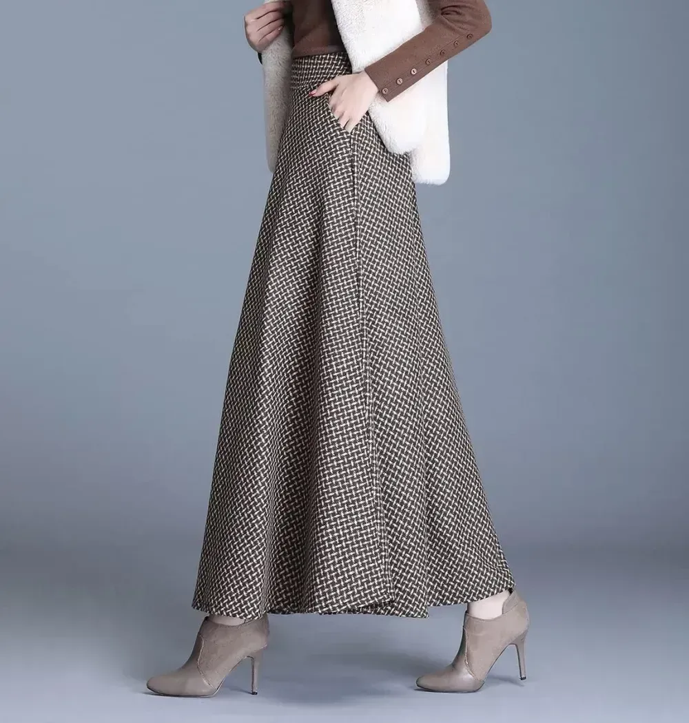 Women's Winter Elegant Warm Long Skirt Wool Maxi Skirts Elastic Waist A-Line High Waist Plaid Pleated Skirt S-3XL