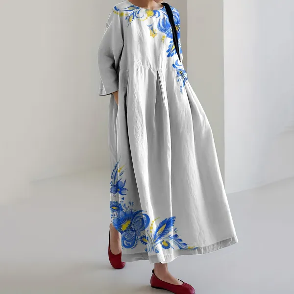 Ukrainian Floral Art Pattern Linen Blend Maxi Dress