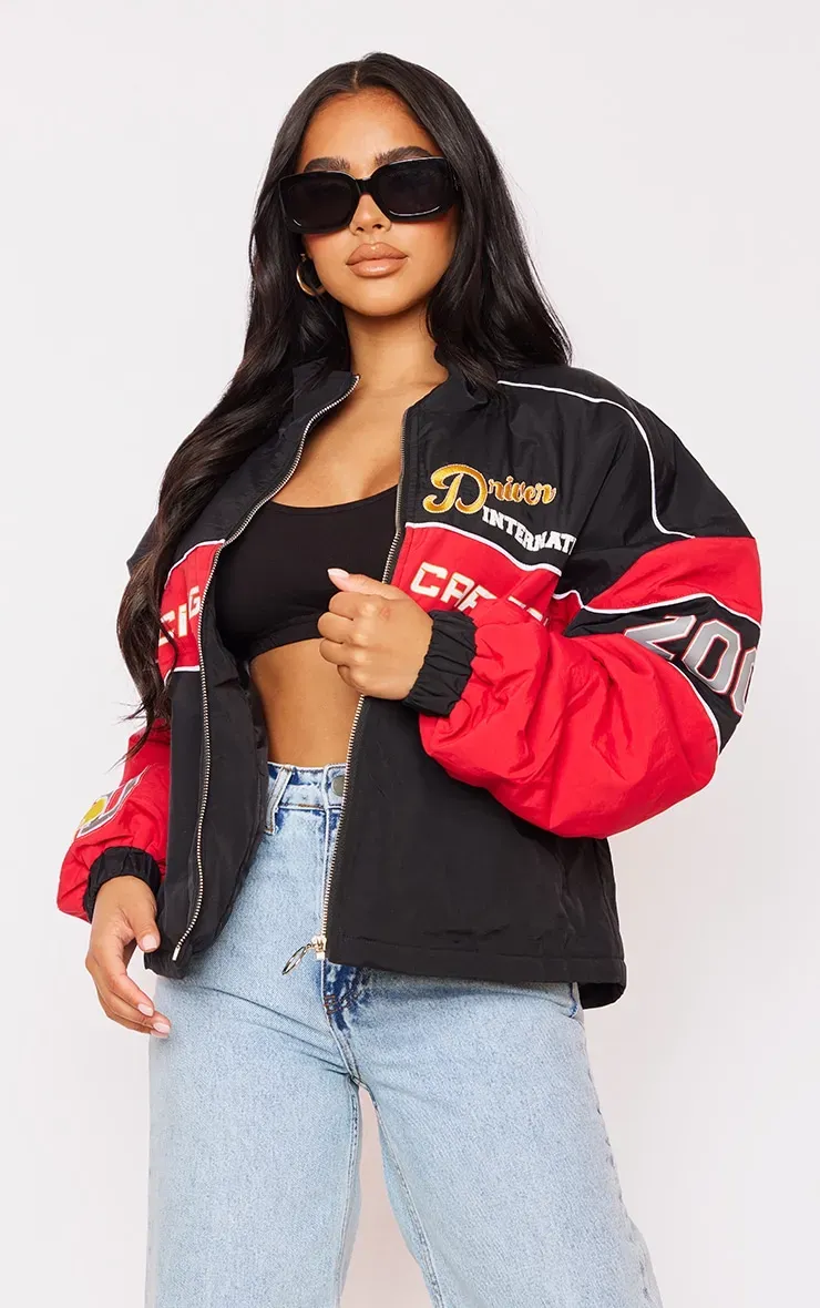 Petite Black Oversized Graphic Zipped Racer Bomber Jacket