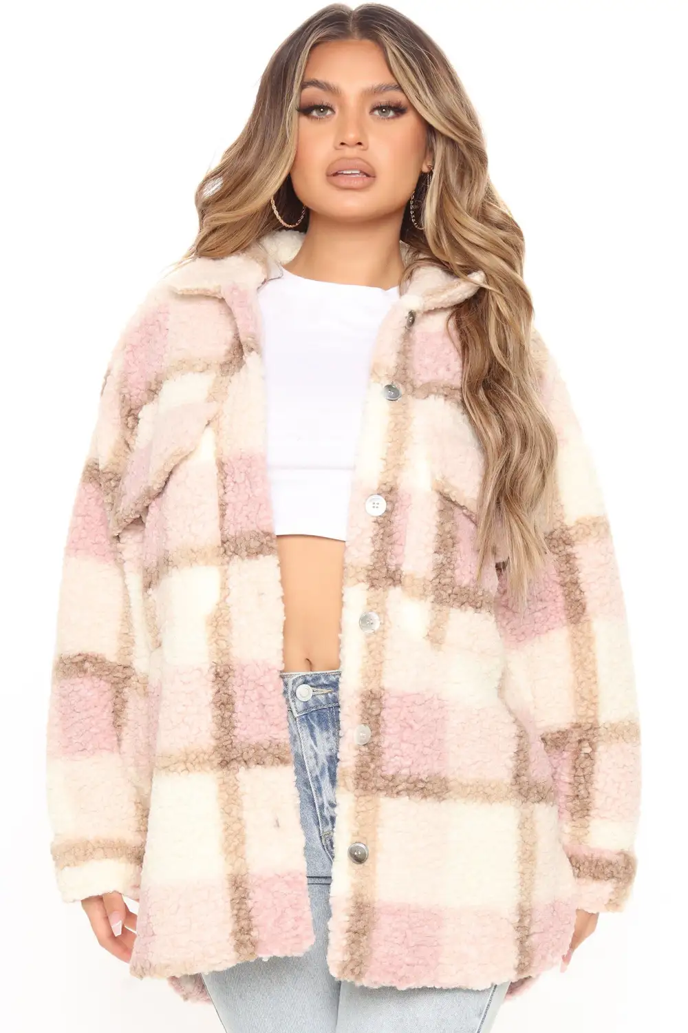 Sipping Coffee Sherpa Plaid Shacket - Mauve/combo