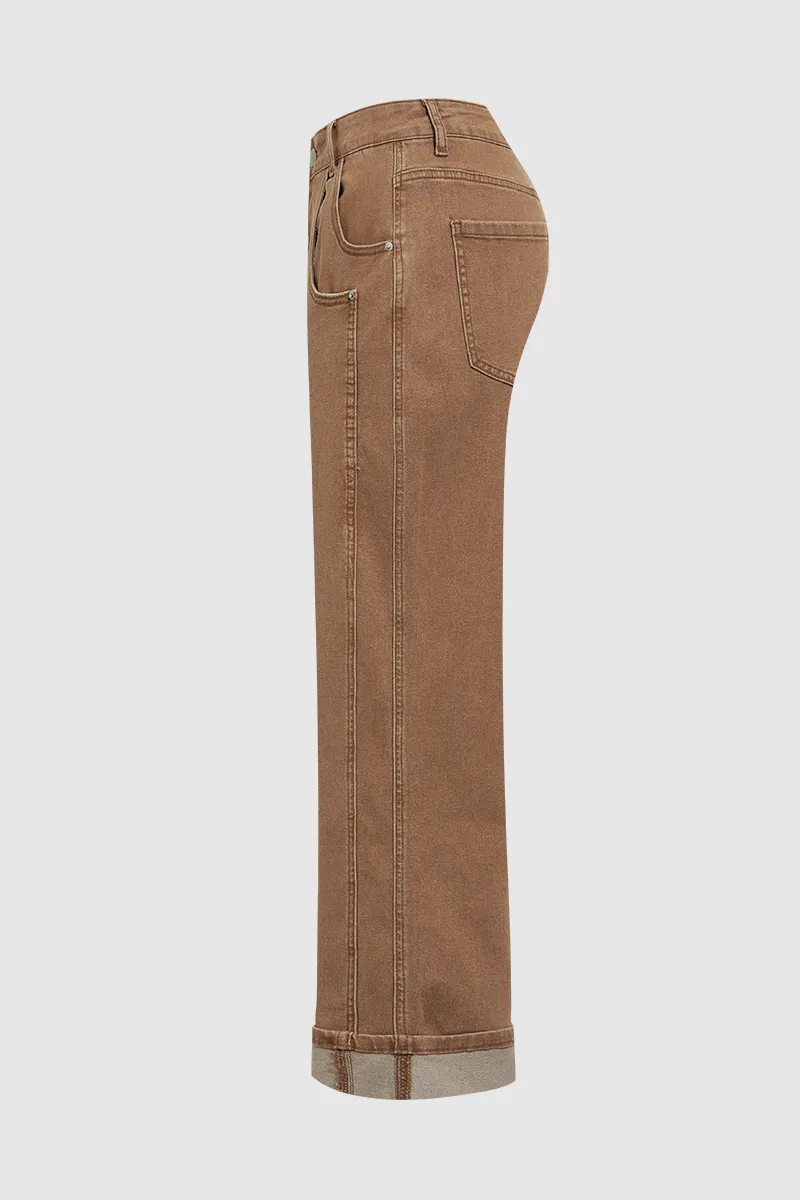Seam Side Layered Pocket Roll Hem Mid Rise Wide Leg Pants