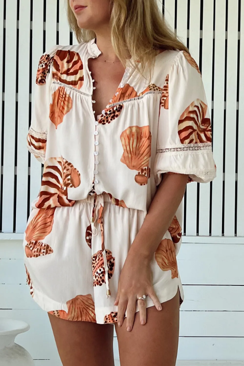 Cream Shell Print Short Sleeve V Neck Blouse