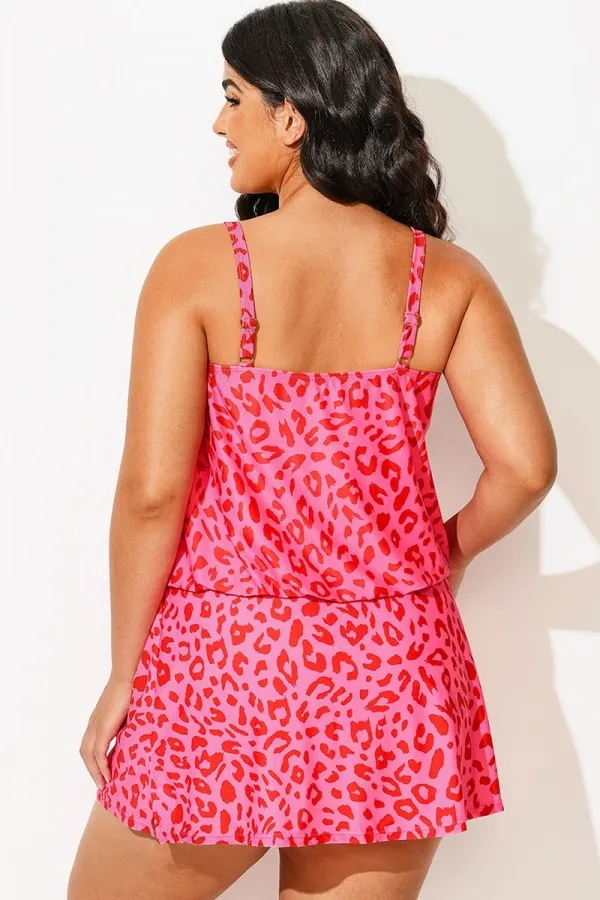 Plus Size Pink Leopard Print Blouson Tankini Top