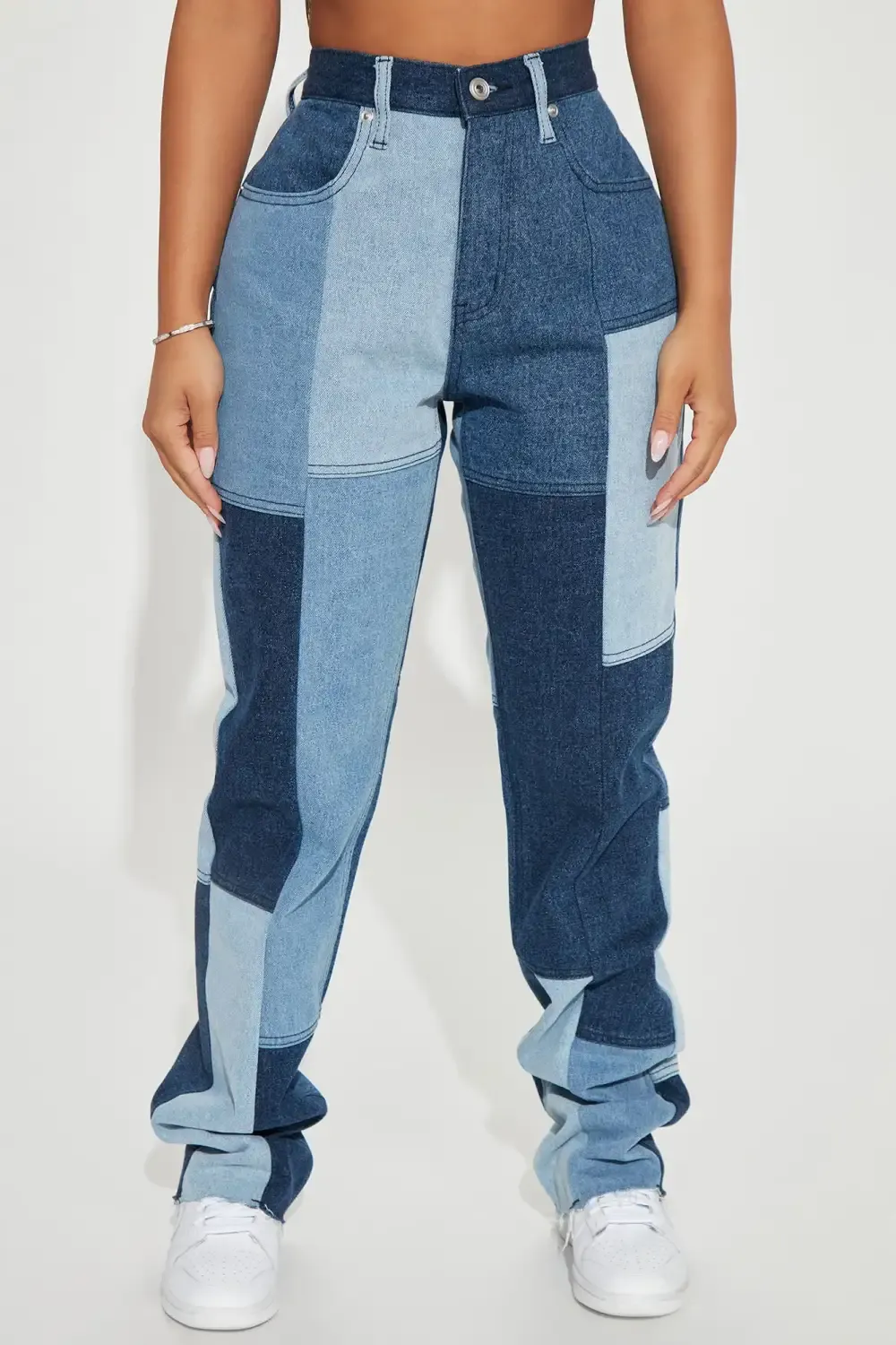 Hey Girl Patchwork Straight Leg Jeans - Blue Wash