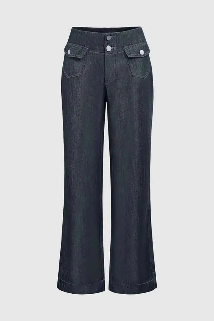 Flap Pocket Front Double Button Low Waist Wide Leg Jeans