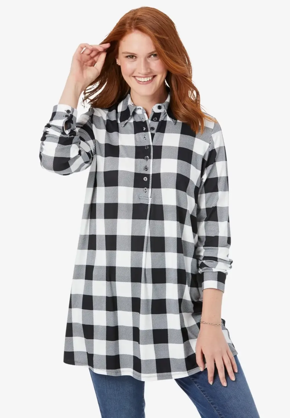 Plaid Knit Tunic With Collar