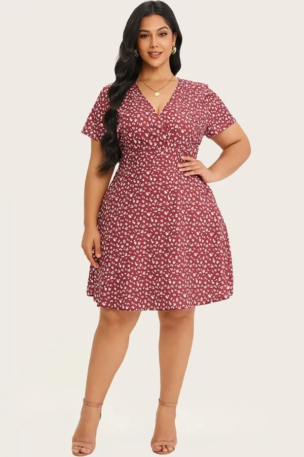 Floral Print A-Line Short Sleeve Midi Dress