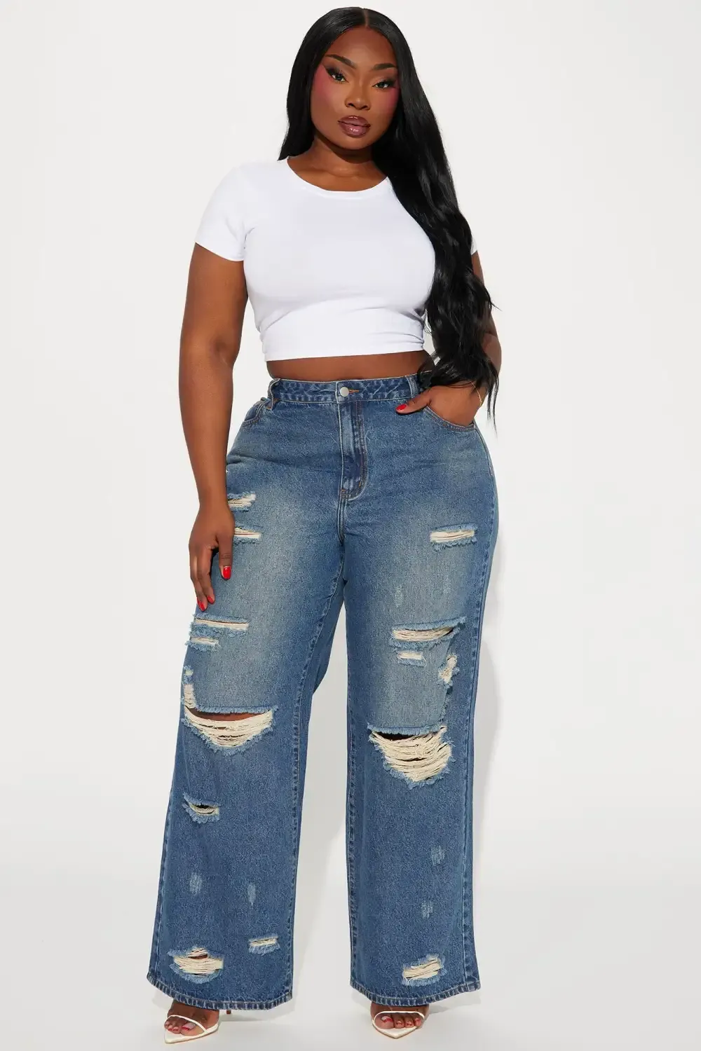 No Regrets Ripped Baggy Wide Leg Jean - Medium Wash