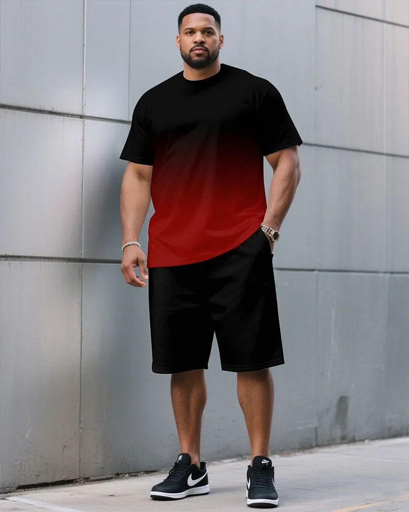 Men'S Plus Size Casual Black & Red Chest Gradient Fashion Round Neck Short Sleeve T-Shirt Shorts Suit