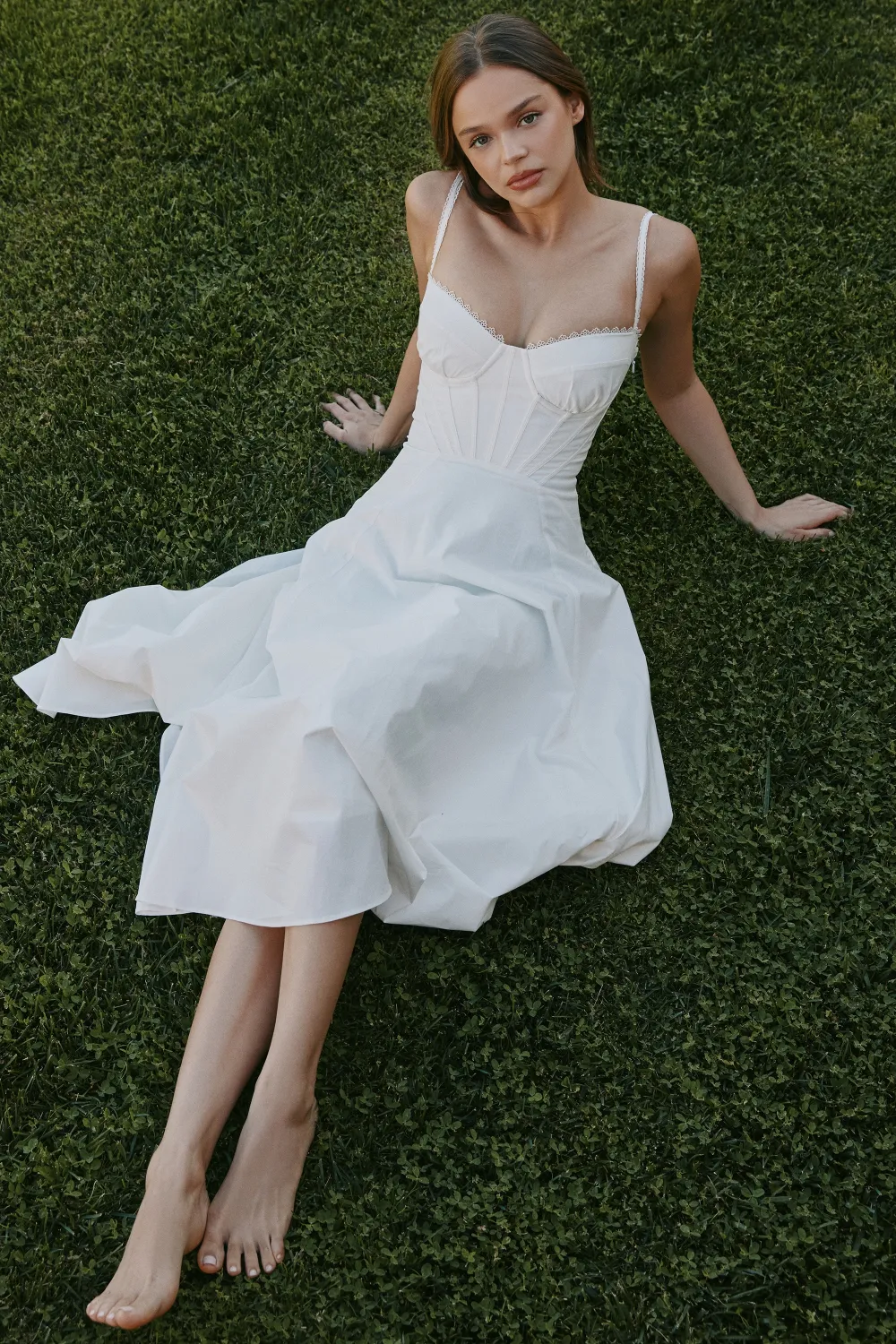 Cream Stretch Cotton Floral Print Midi Sundress