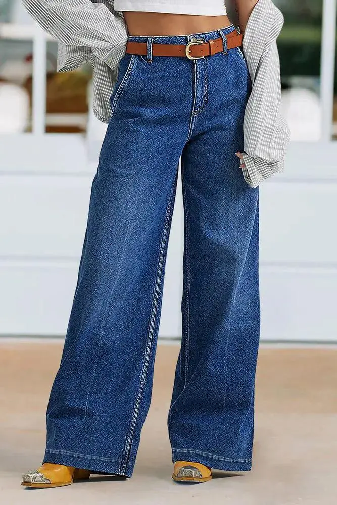 Wash Wide Leg High Rise Jeans Without Belt