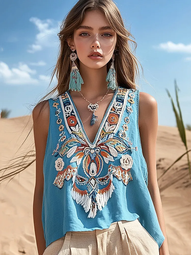 Women's Bohemia Floral Ethnic Art Linen V-neek Sleeveless Top