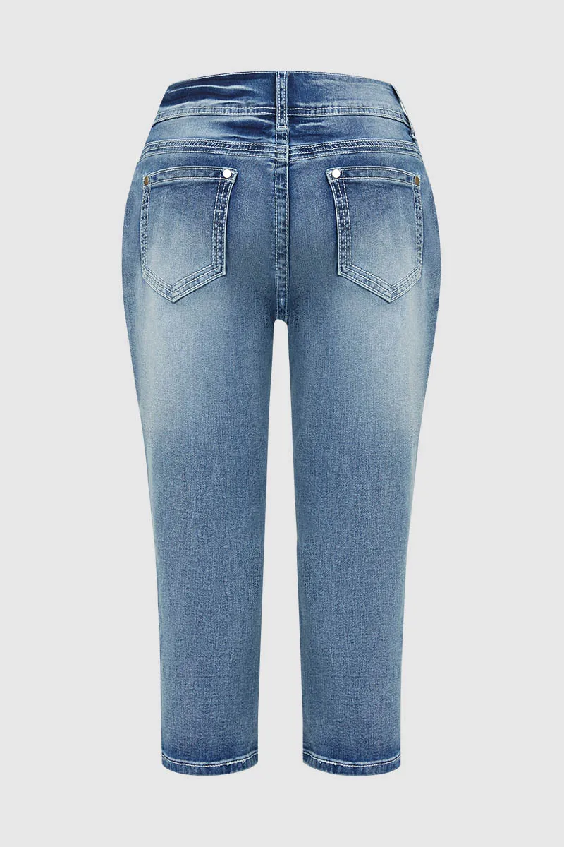 Washed Button Up Rolled Hem Low Rise Capri Jeans