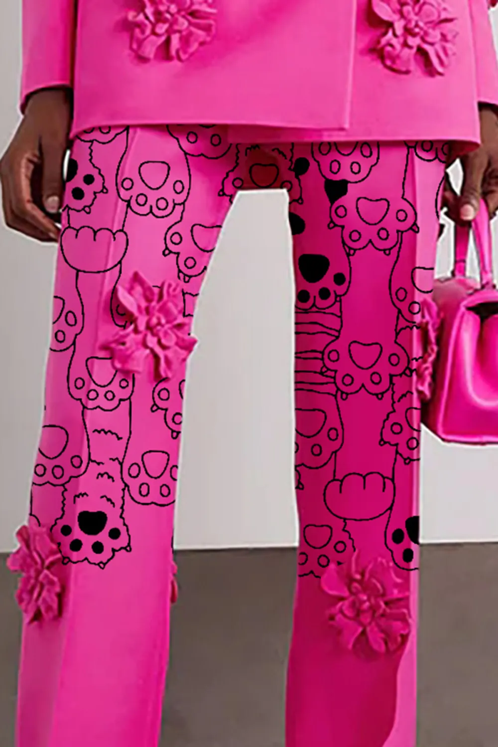 Smart Monochrome Rosette Applique High Waisted Flare Leg Tailored Pants