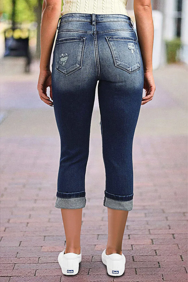 Cut Out Button Fly Roll Hem High Waist Capri Jeans