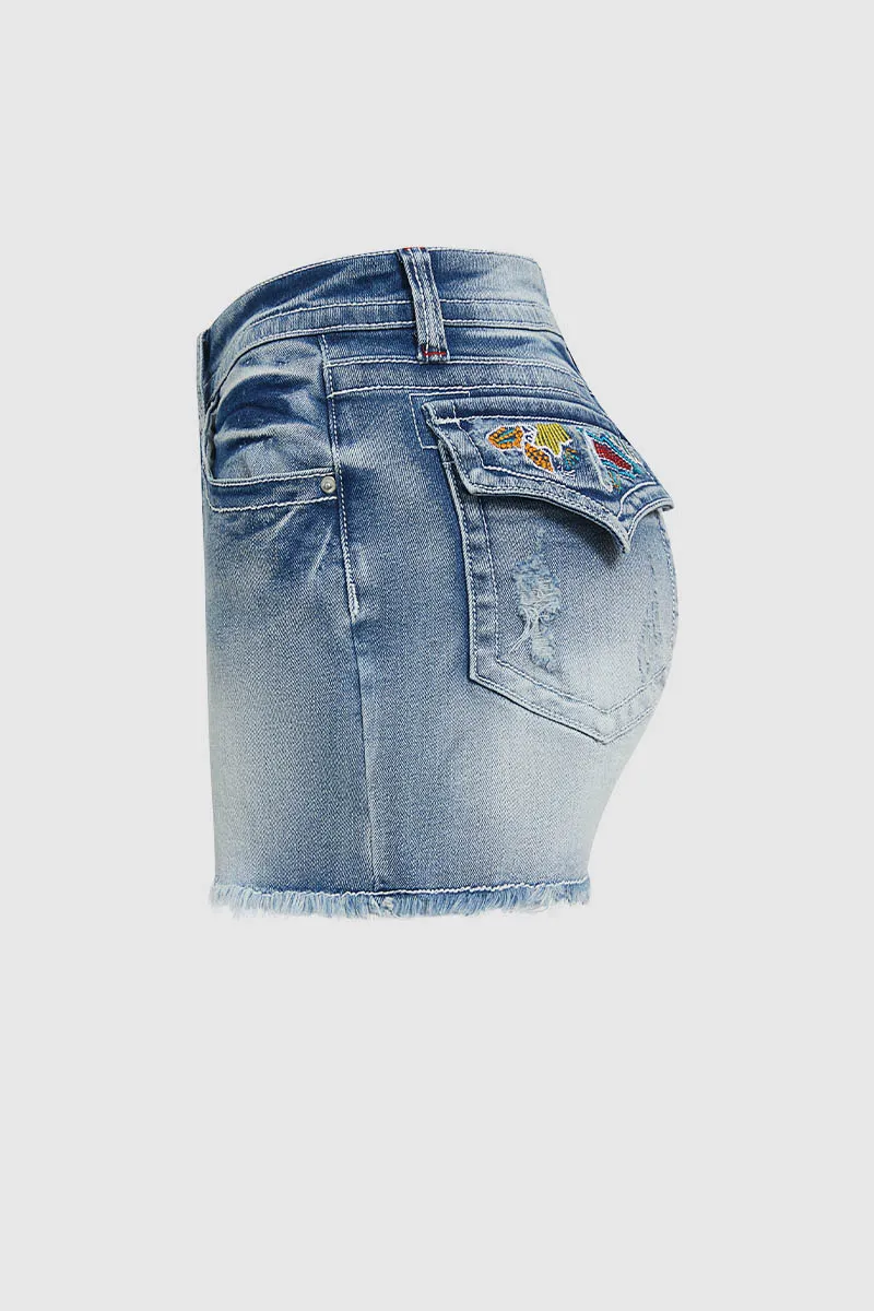 Ripped Embroidery Detail Raw Hem Mid Waist Denim Shorts