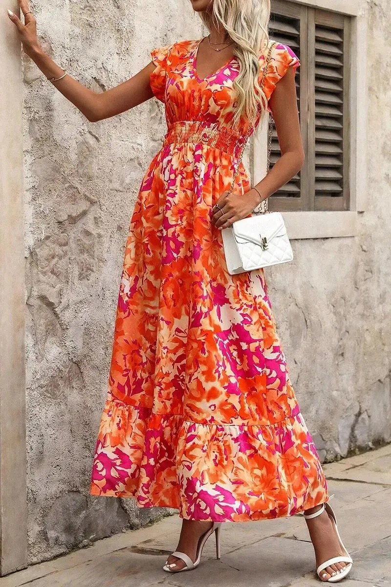 Floral Print Smocked Ruffle Sleeve V Neck Maxi Dress