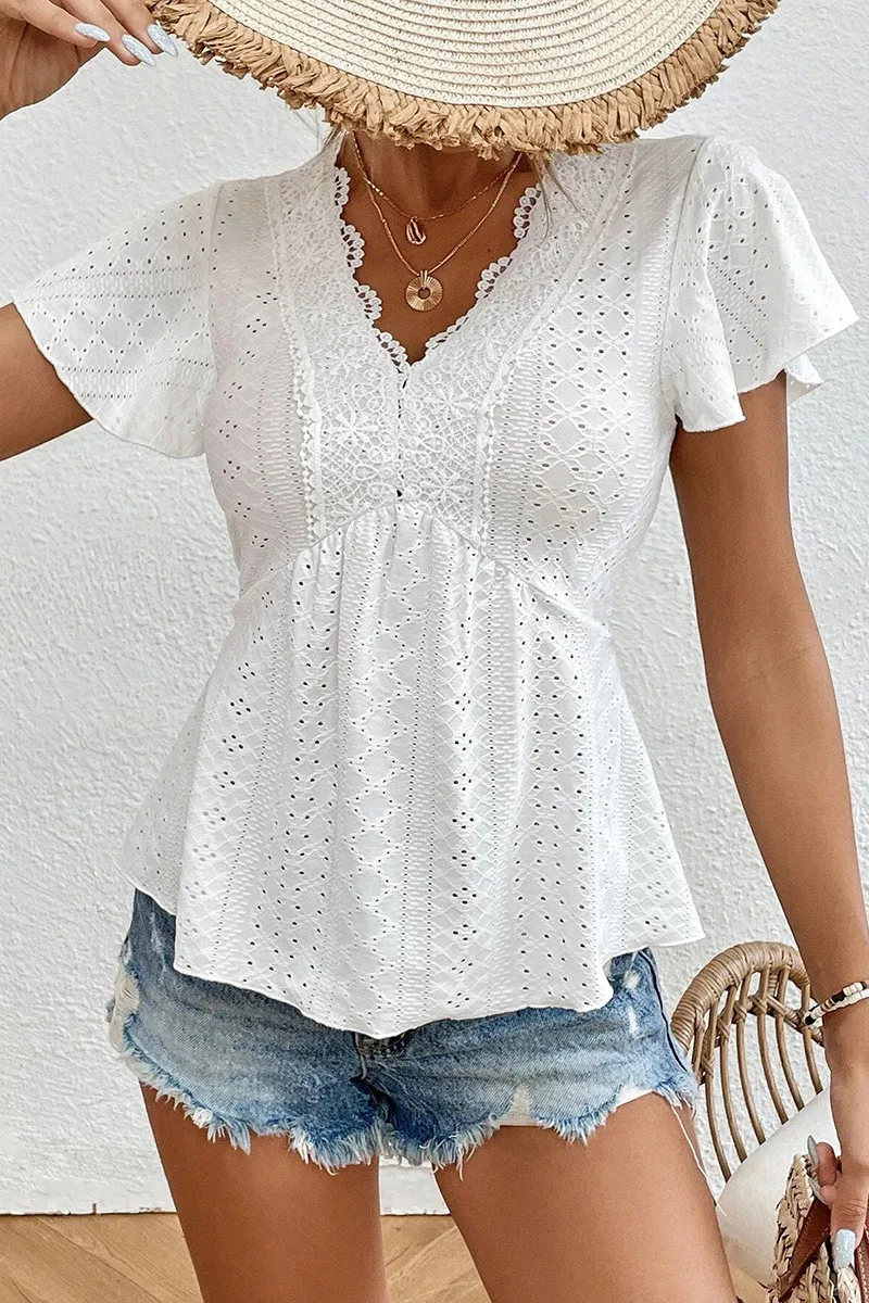 Eyelet Embroidery Contrast Lace Ruffle Short Sleeve Peplum T-Shirt