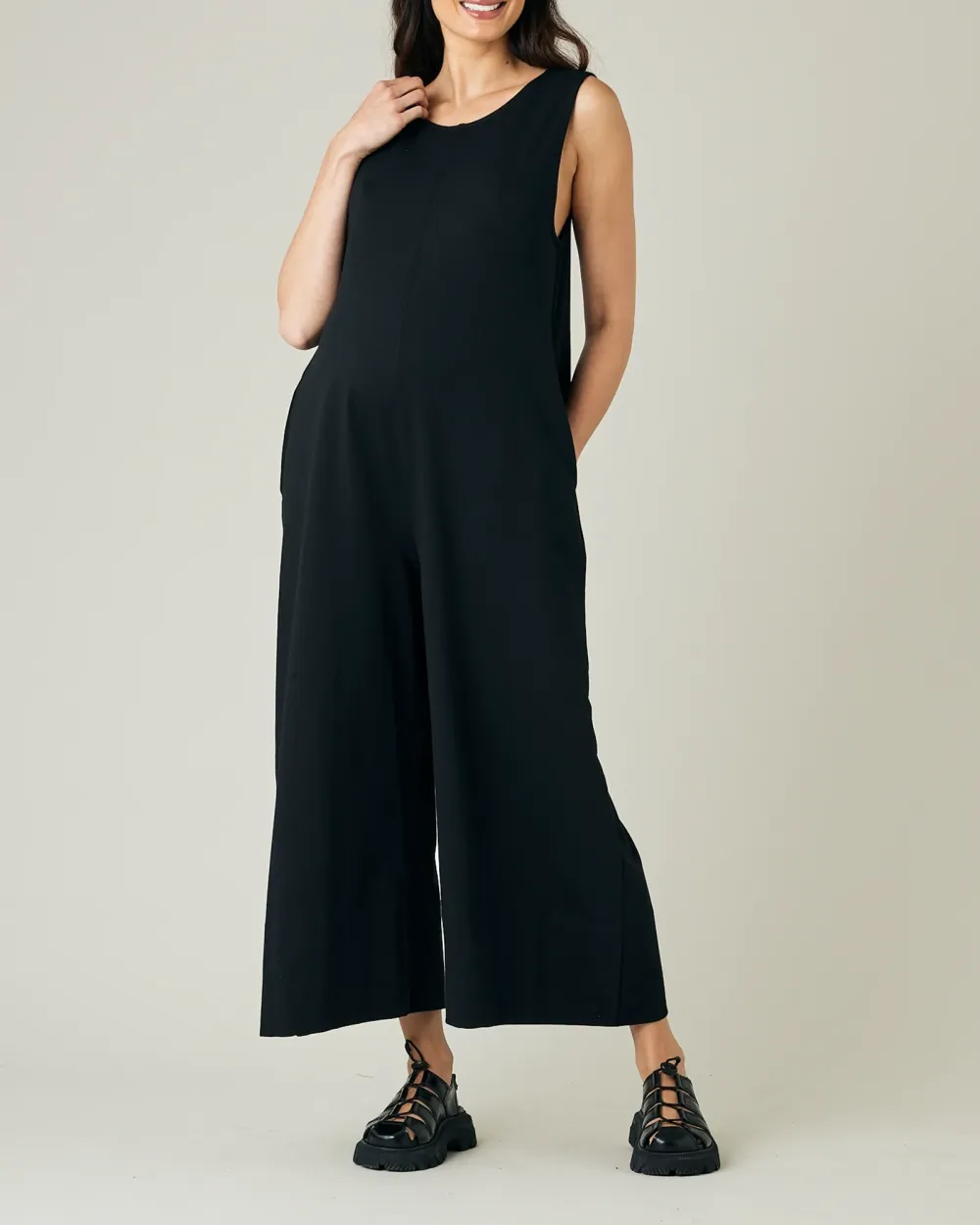 BLACK COTTON JERSEY JUMPSUIT