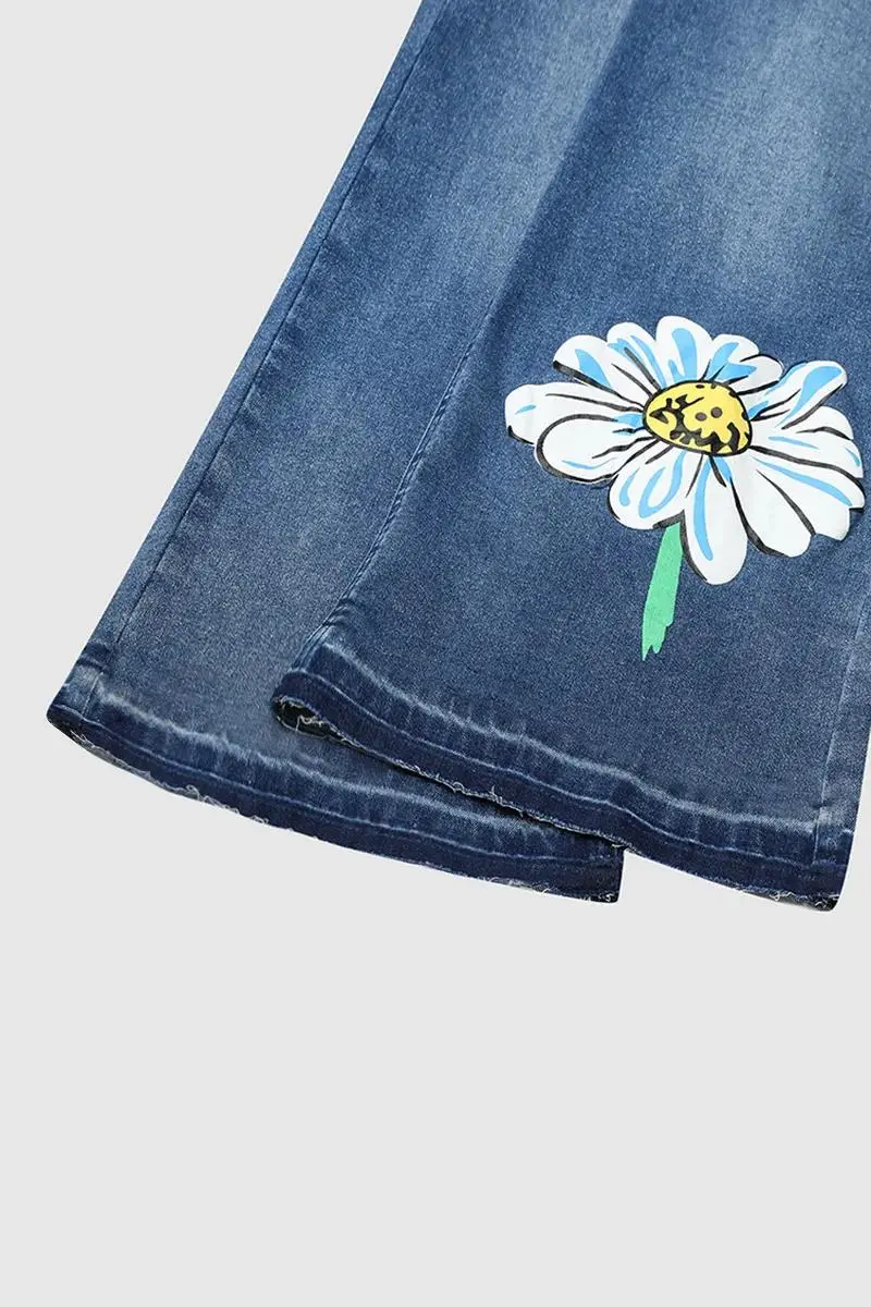 Floral Pattern Crop Mid Rise Wide Leg Jeans Without Belt