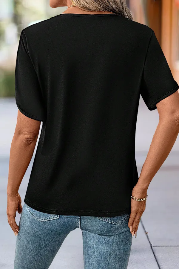 Colorblock Button Front Hollow Out Short Sleeve V Neck T-Shirt
