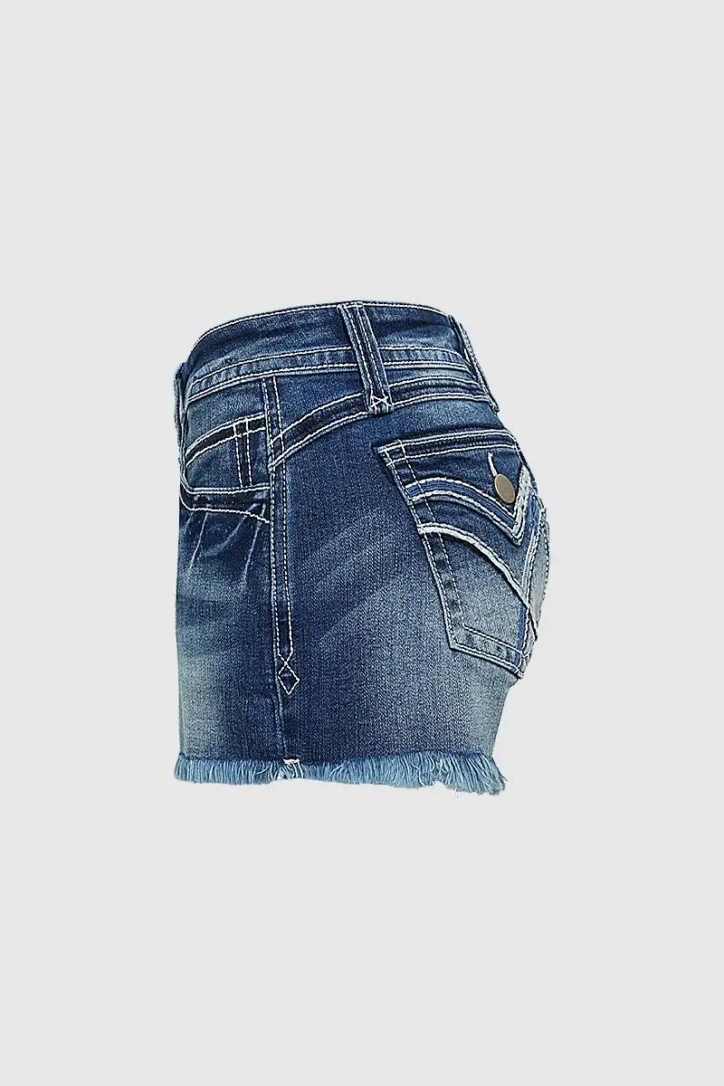 Stitch Flap Pocket Raw Hem Mid Rise Denim Shorts