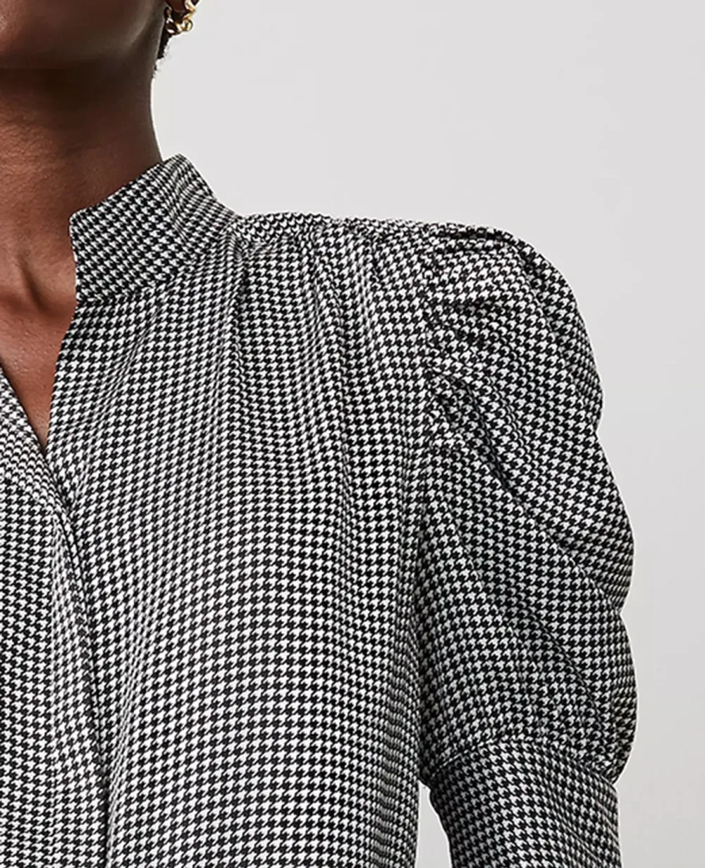 Houndstooth Shirred Puff Sleeve Top