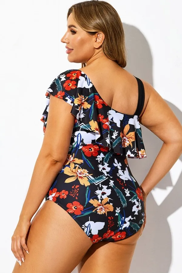 Black Floral Print Asymmetric One Piece Swimsuit