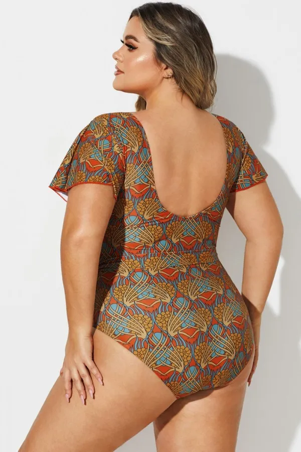 V-Neck Flutter Sleeve Belt One Piece Swimsuit