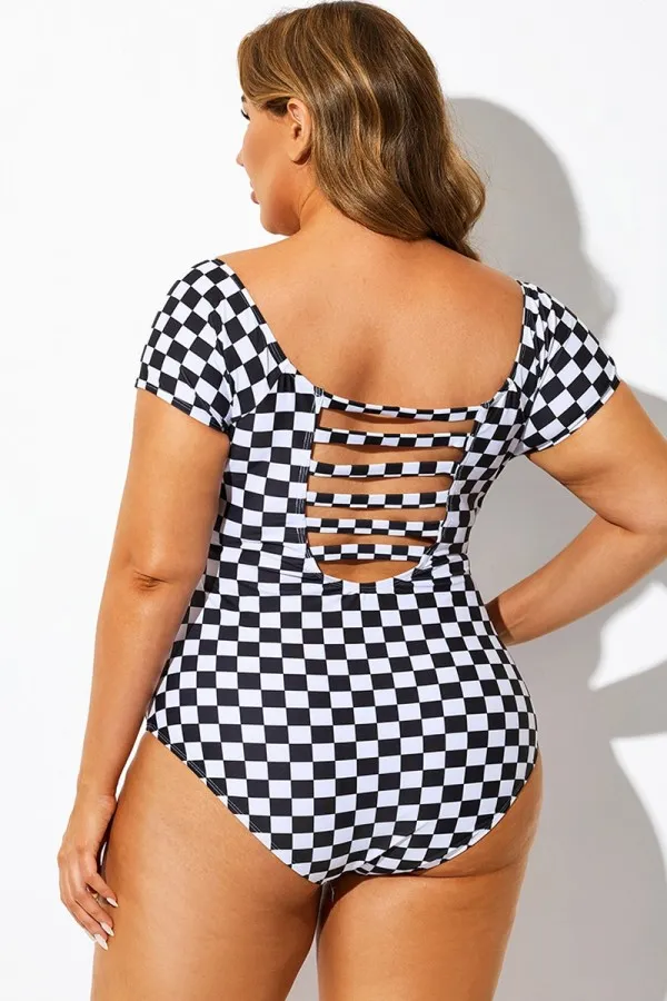 Black & White Check Modest Elastic One Piece Swimsuit
