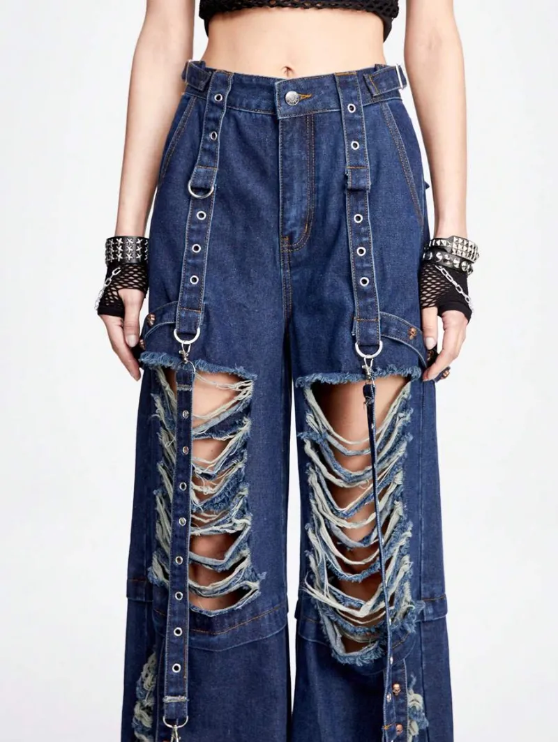 Grunge Punk Punk Street Style Super Loose Ripped Music Festival Cool Skull & Rivet Decor Women's Jeans