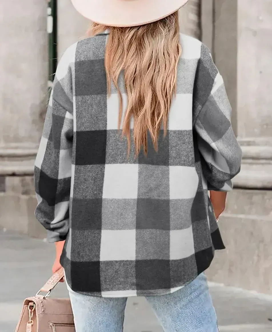 Womens Casual Plaid Shackets Brushed Flannel Button Down Shirt Jacket Coats with Side Pockets