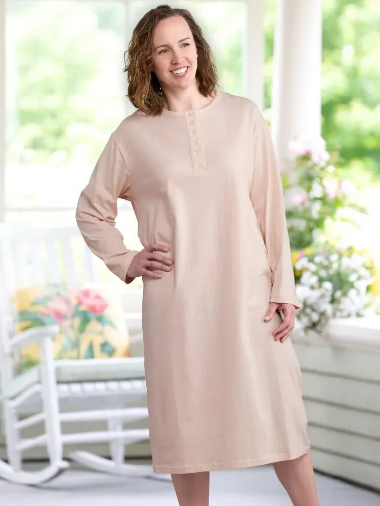 Comfort Knit Solid Color Cotton Long-Sleeve Nightgown