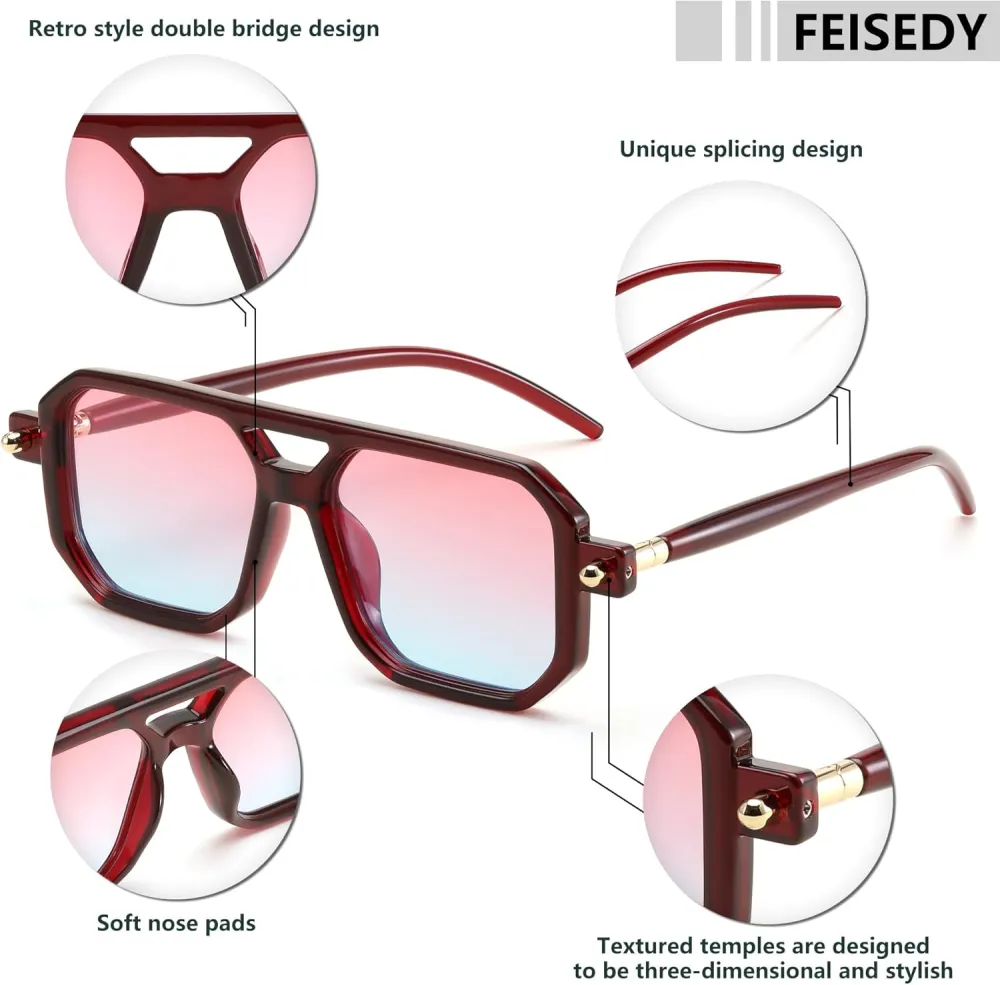 FEISEDY Vintage Square 70s Flat Aviator Sunglasses Women Men Classic Retro Stylish Frame UV400 Sunglasses B2622