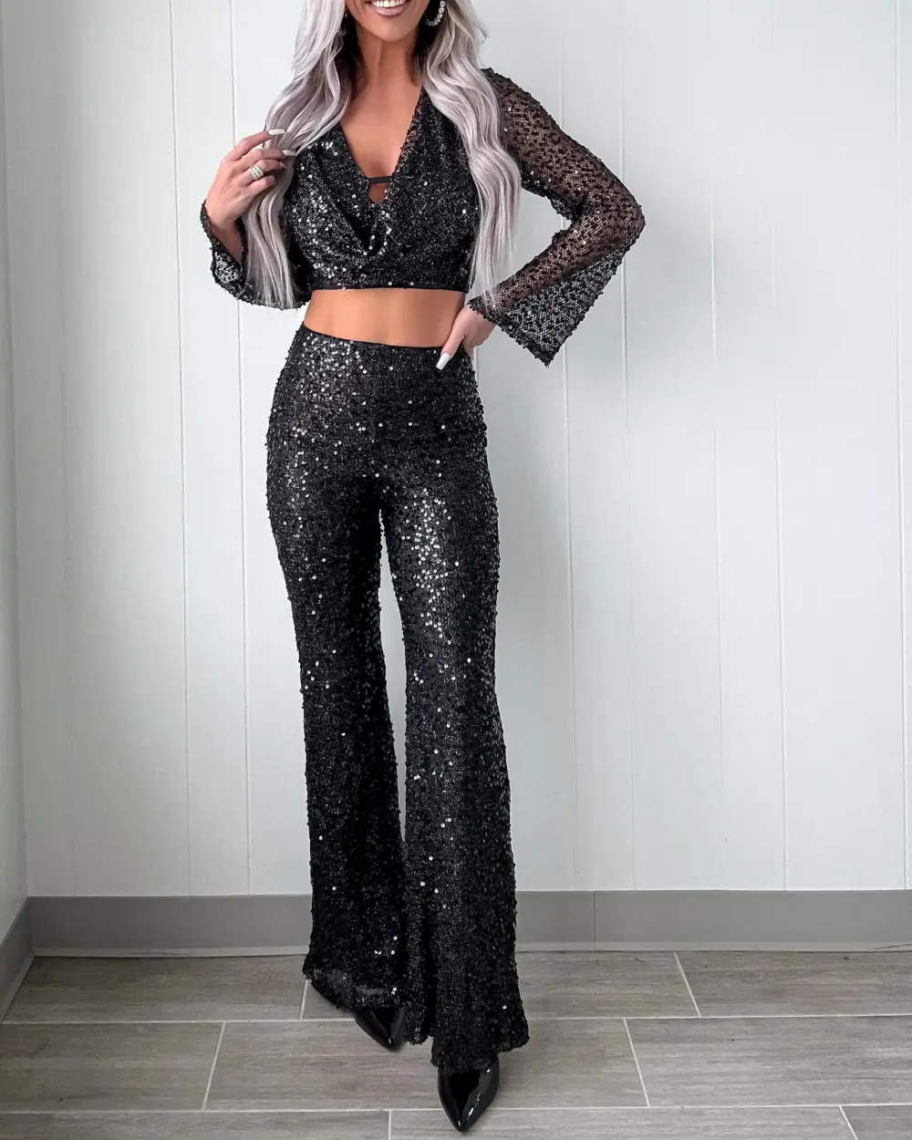 Sequin Fishnet Pant Set - Black