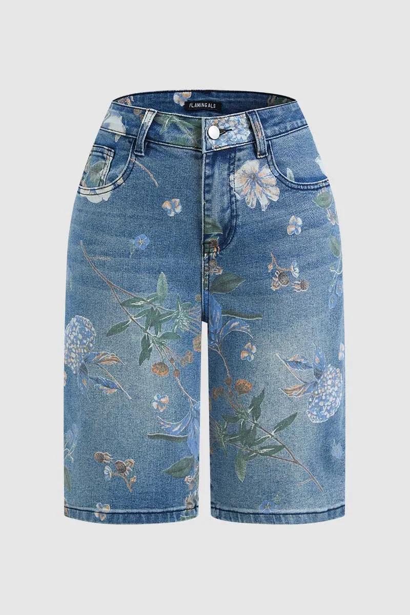 Floral Print High Rise Straight Leg Denim Bermuda Shorts