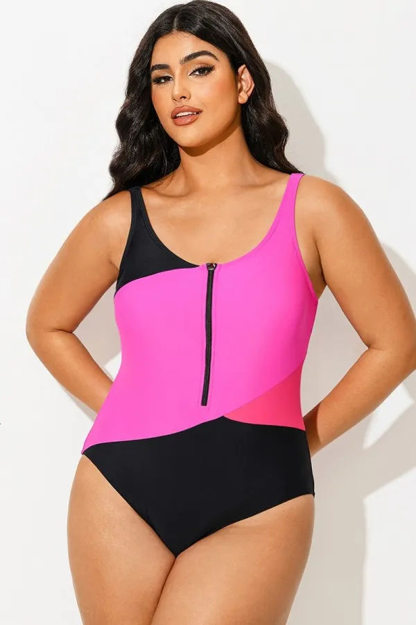 Black Pink Zip Front Colorblock One Piece Swimsuit