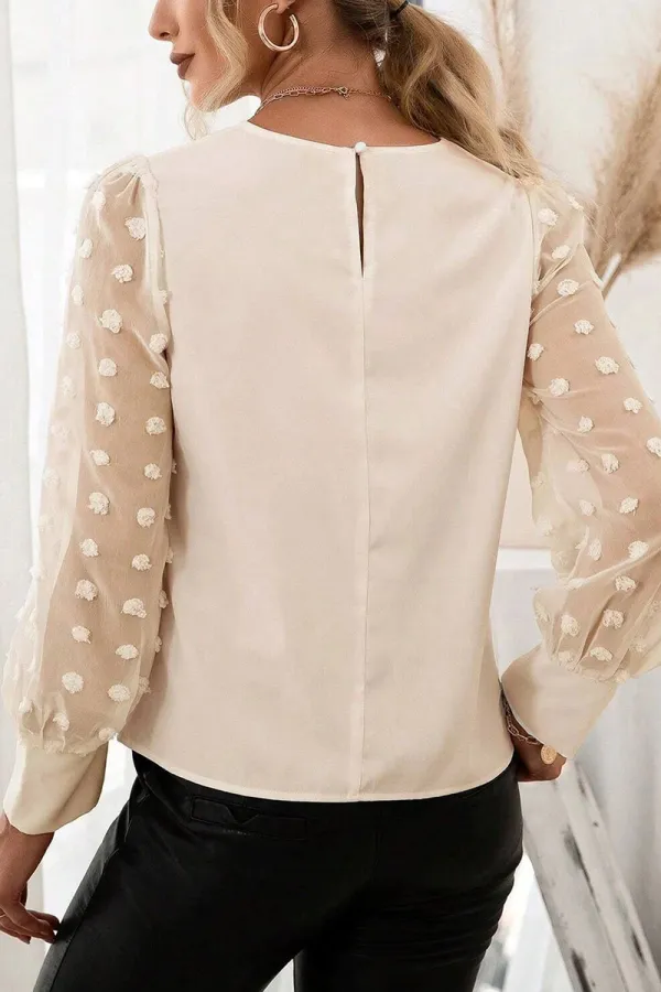 Swiss Dot Lantern Sleeve Keyhole Back Blouse