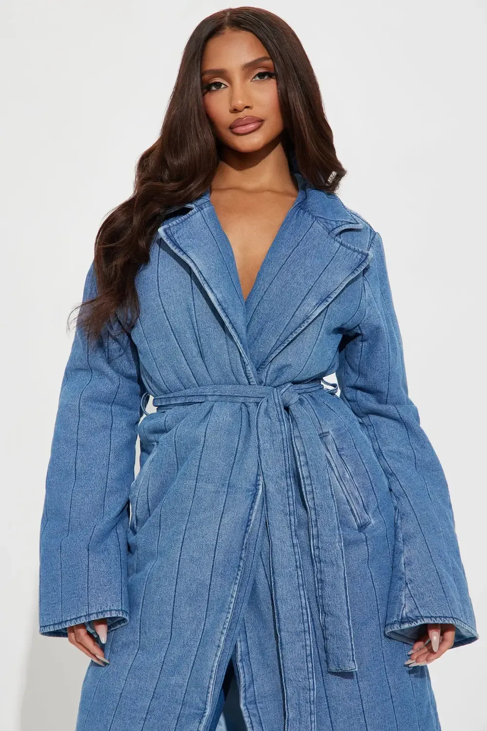 Kiara Quilted Denim Trench - Medium Wash