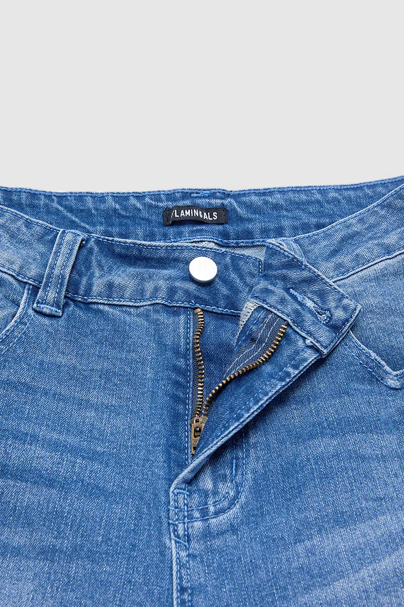 Wash Raw Hem Ripped Mid Waist Straight Leg Denim Bermuda Shorts