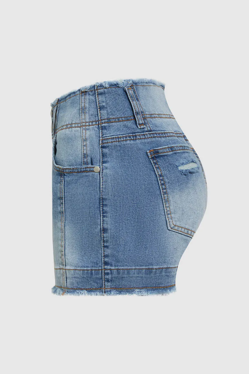 Raw Trim Ripped Dual Button High Waist Denim Shorts