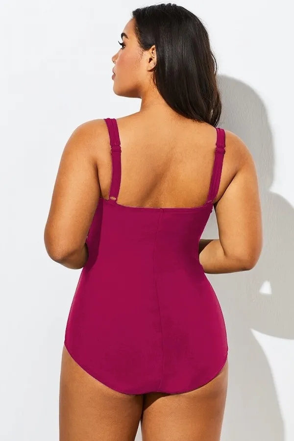 Plus Size Dark Pink Twist Front One Piece Swimsuit
