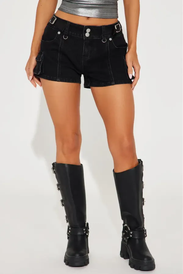 On Your Block Cargo Denim Shorts - Black