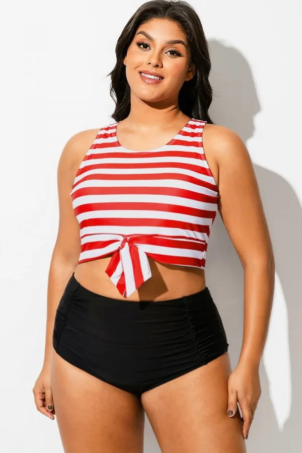 Red & White Striped Knotted Crop Bikini Top