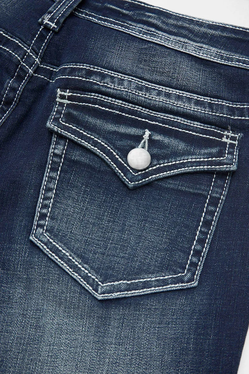 Pocket Detail Roll Hem Mid Waist Capri Jeans