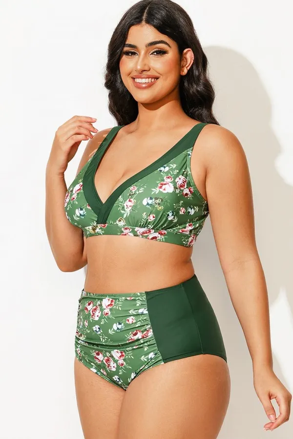Army Green Flower Printed Women V-neck Fashionable Bikini Top