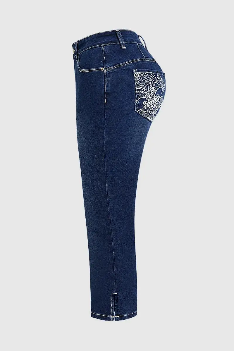 Floral Embroidered Split Hem High Rise Capri Jeans