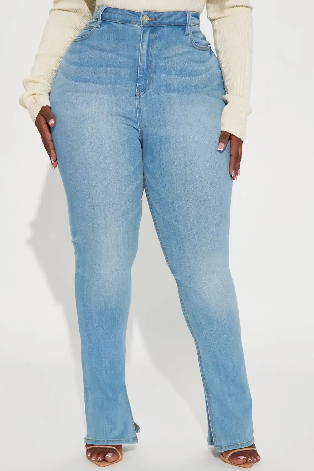Get My Good Side Slit Premium Stretch Skinny Jeans - Light Blue Wash