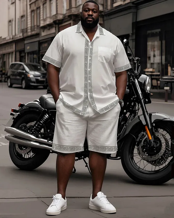 Big Man'S Retro Daily Casual Edge Color Block Printing Short Sleeve Shirt Shorts Suit