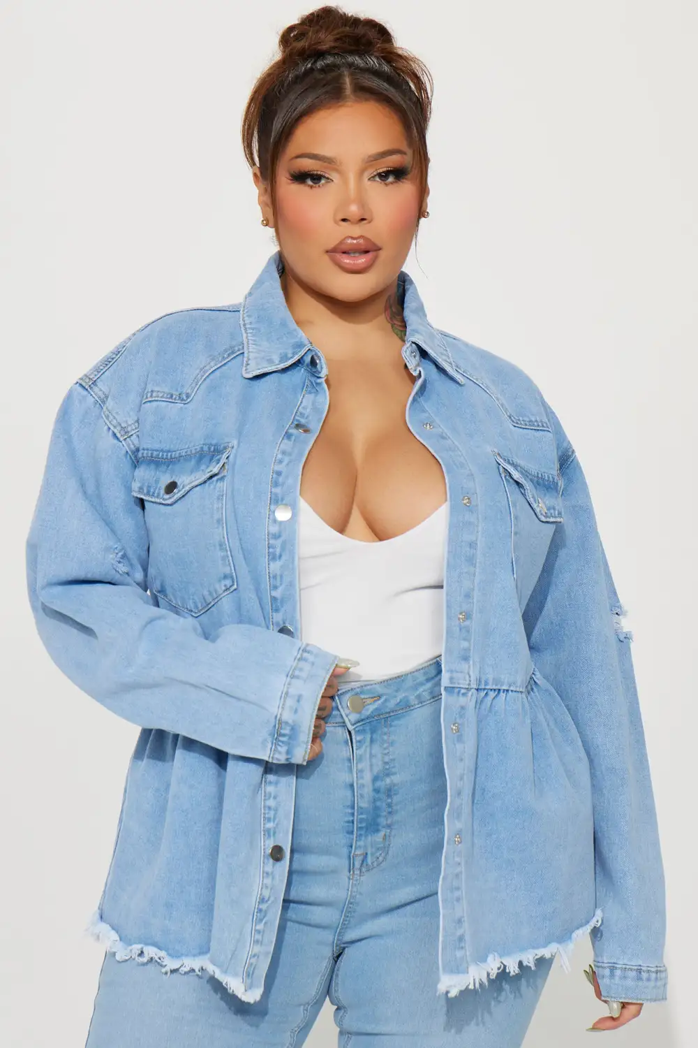Pretty Peplum Denim Shacket - Light Blue Wash